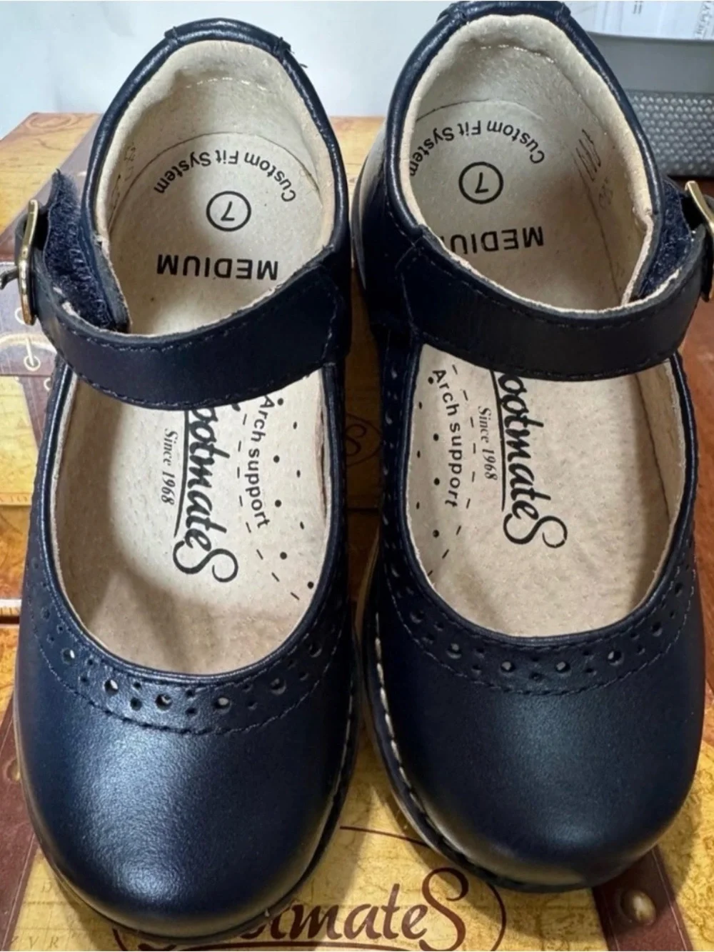 FootMates Navy Girls Mary Jane Dress Shoes with Velcro mock buckle.